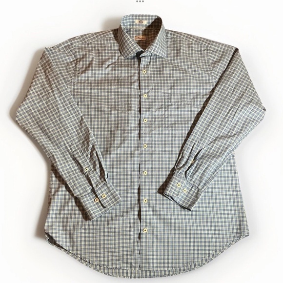 Peter Millar Other - Peter Millar Mens L Plaid Dress Shirt Blue Tan Check 100% Cotton Button Down top